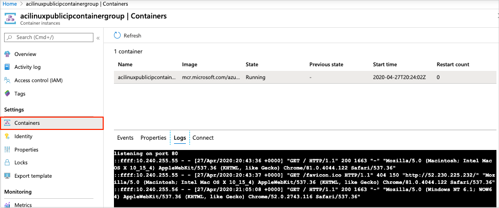 Container logs in the Azure portal