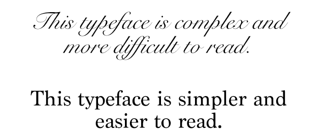 An illustration of a complex, decorative typeface vs a simpler, serif typeface.