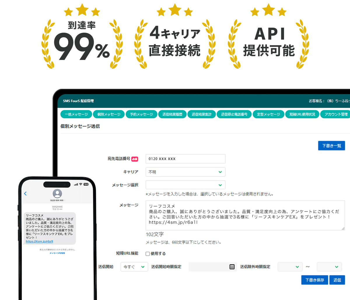 到達率99% / 4キャリア直接接続 / API提供可能