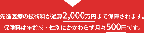 先進医療の技術料が通算2,000万円まで保障されます。 保険料は年齢・性別にかかわらず月々500円です。