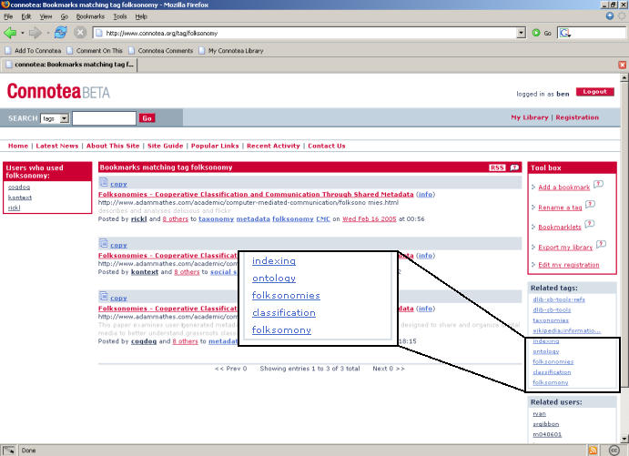 Screen shot showing showing tags related to folksonomy