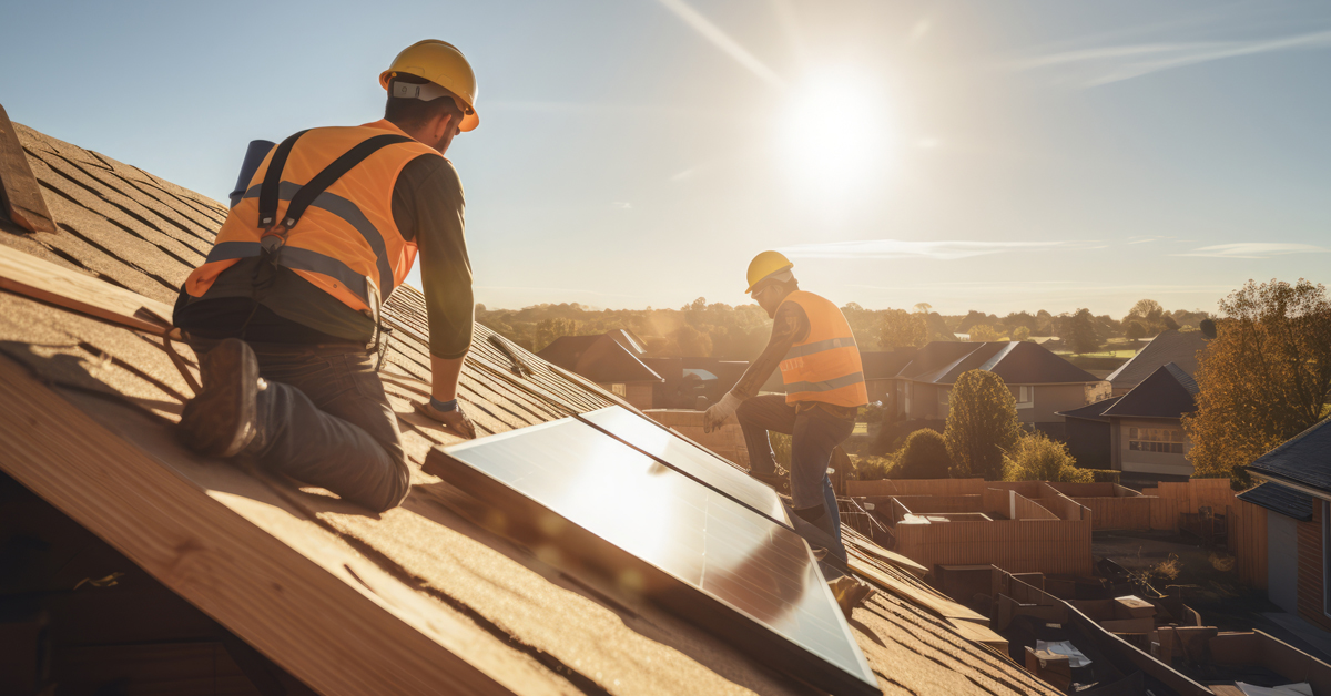 Roof Installation with Solar Panel. Skilled Roofers Carefully Lay Shingles on a Newly Framed House.