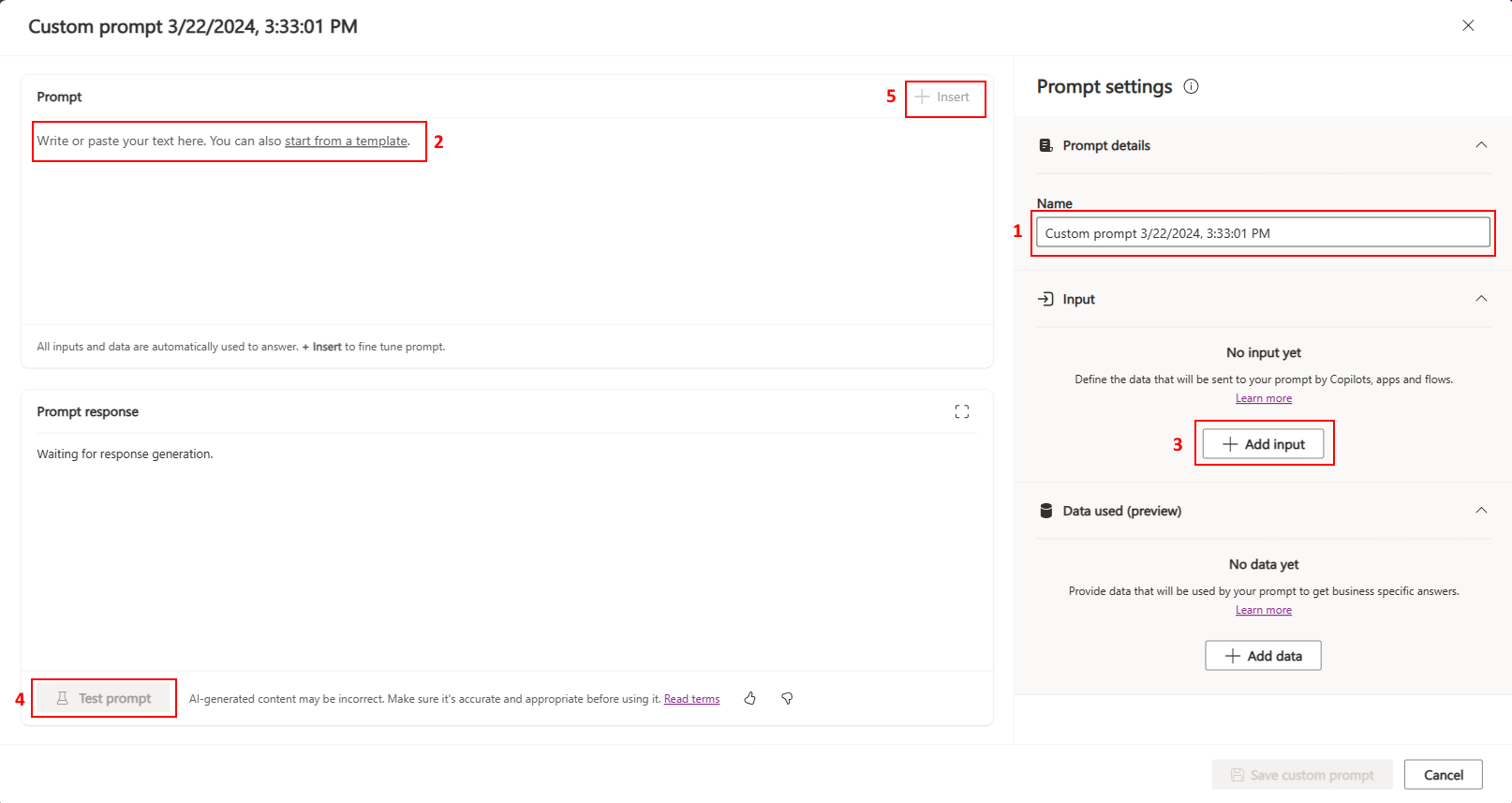 Screenshot of the steps to configure and test your prompt.