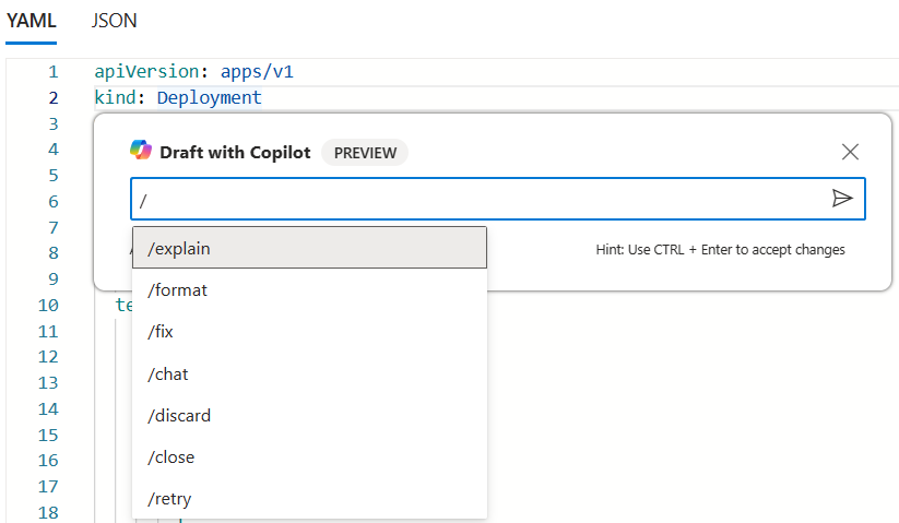 Screenshot showing the commands available in the inline Microsoft Copilot in Azure control in an AKS YAML file.
