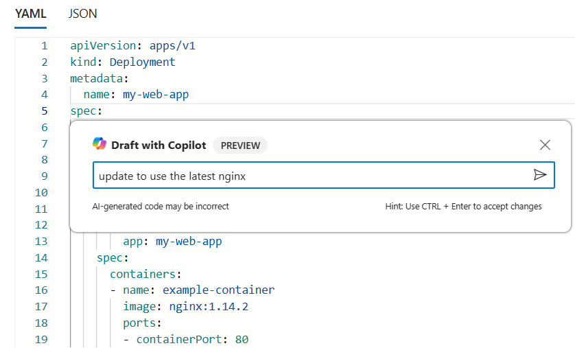 Screenshot of a request for Microsoft Copilot in Azure to update an AKS YAML file. 