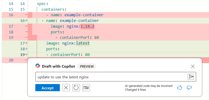 Screenshot showing the changes Microsoft Copilot in Azure made to the YAML file.
