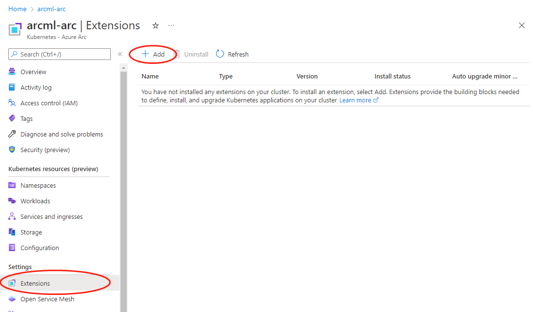 Screenshot of adding new extension to the Arc-enabled Kubernetes cluster from Azure portal.