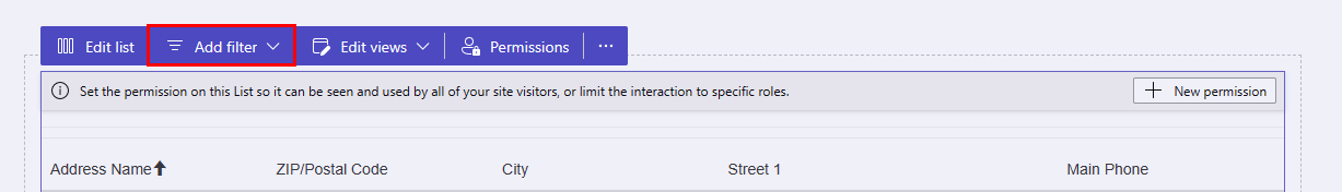 The list toolbar inside the Pages workspace with the Add filter menu item emphasized.