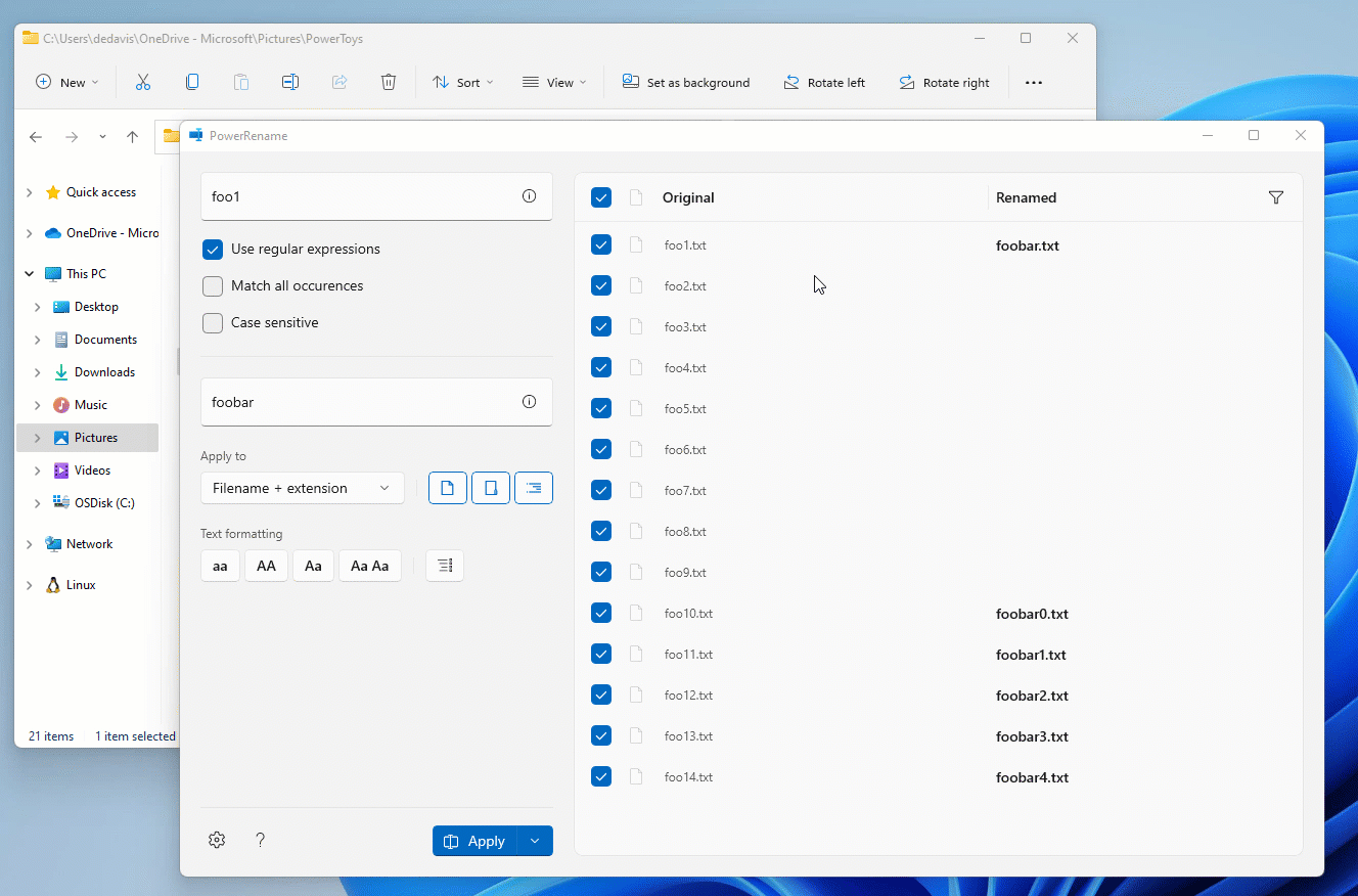 PowerToys PowerRename Filter demo