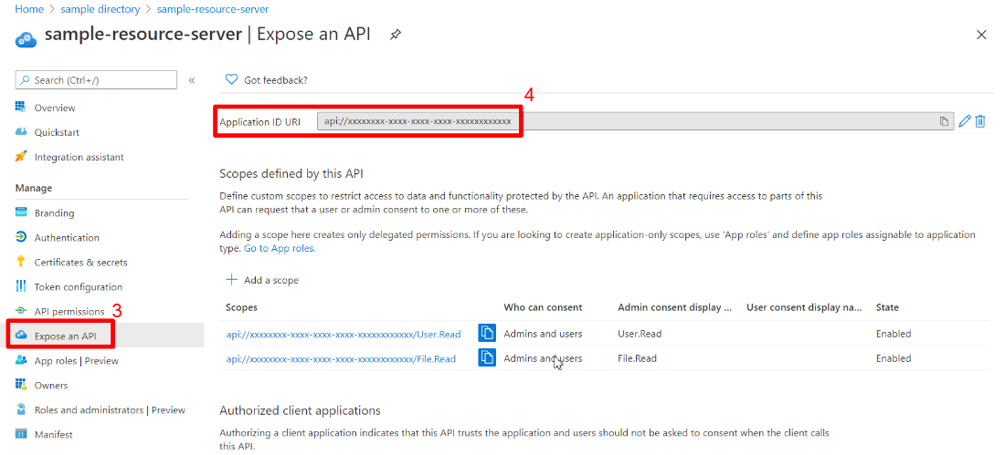 Capture d'écran du portail Azure montrant l'application Web Exposer une page API avec l'ID-URI de l'application en surbrillance.