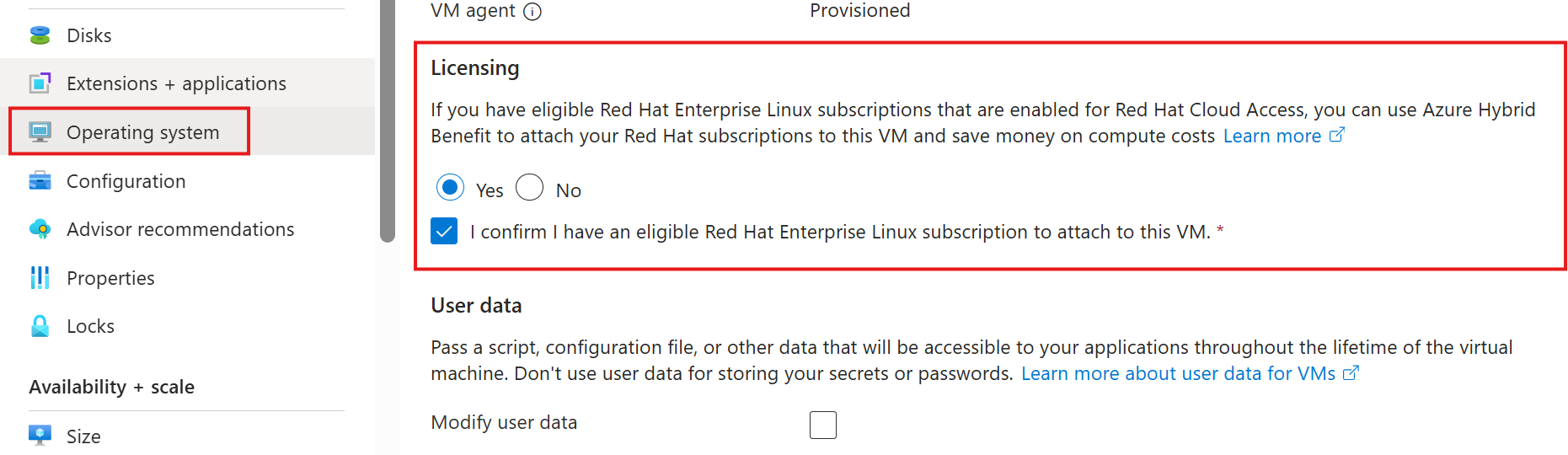 Capture d’écran du volet de configuration d’Azure Hybrid Benefit après la création d’une machine virtuelle.