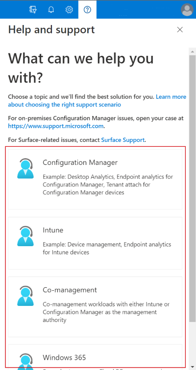 Capture d’écran montrant les services d’aide et de support disponibles dans votre abonnement dans le Centre d’administration Microsoft Intune.