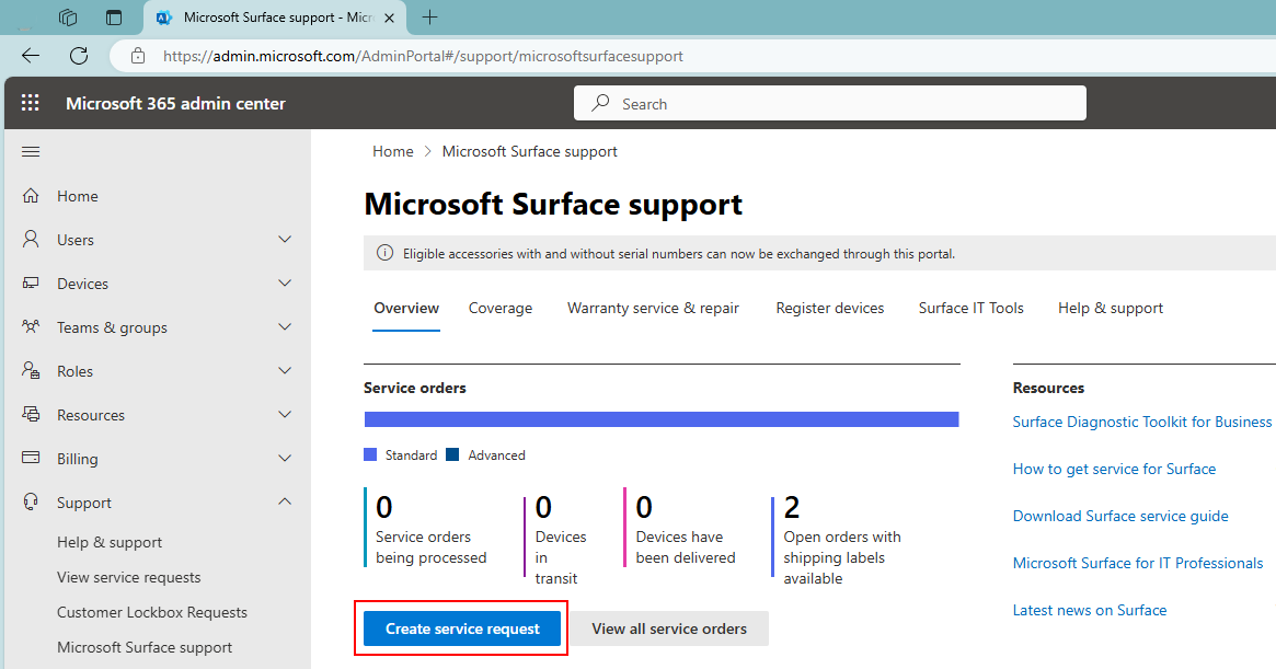 Capture d’écran du Centre d’administration Microsoft 365 montrant la fonctionnalité Créer une demande de service.