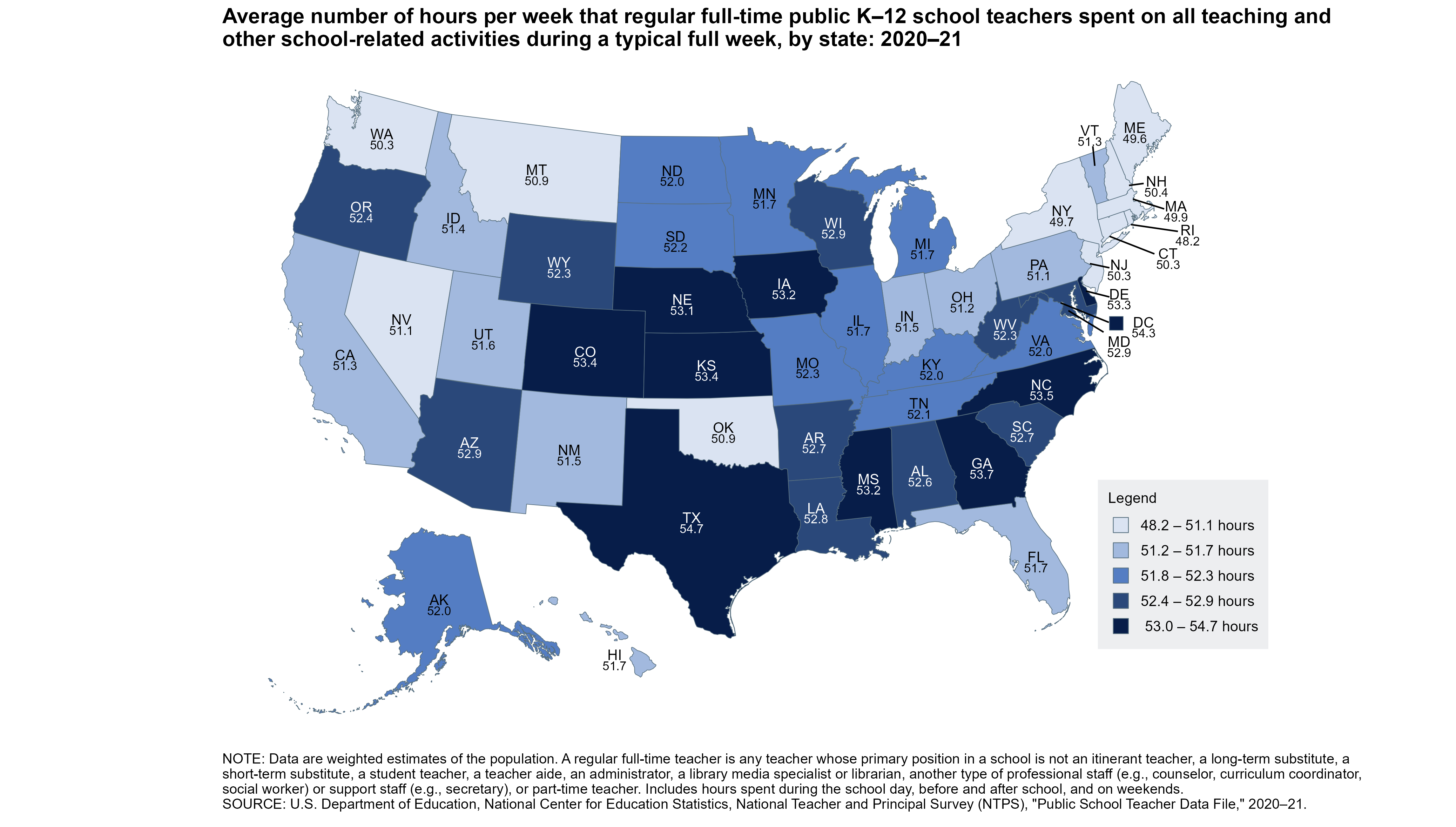 Average number of hours per week that regular full-time public K-12 school teachers spent on all teaching and other school-related activities during a typical full week, by state: 2020-21
