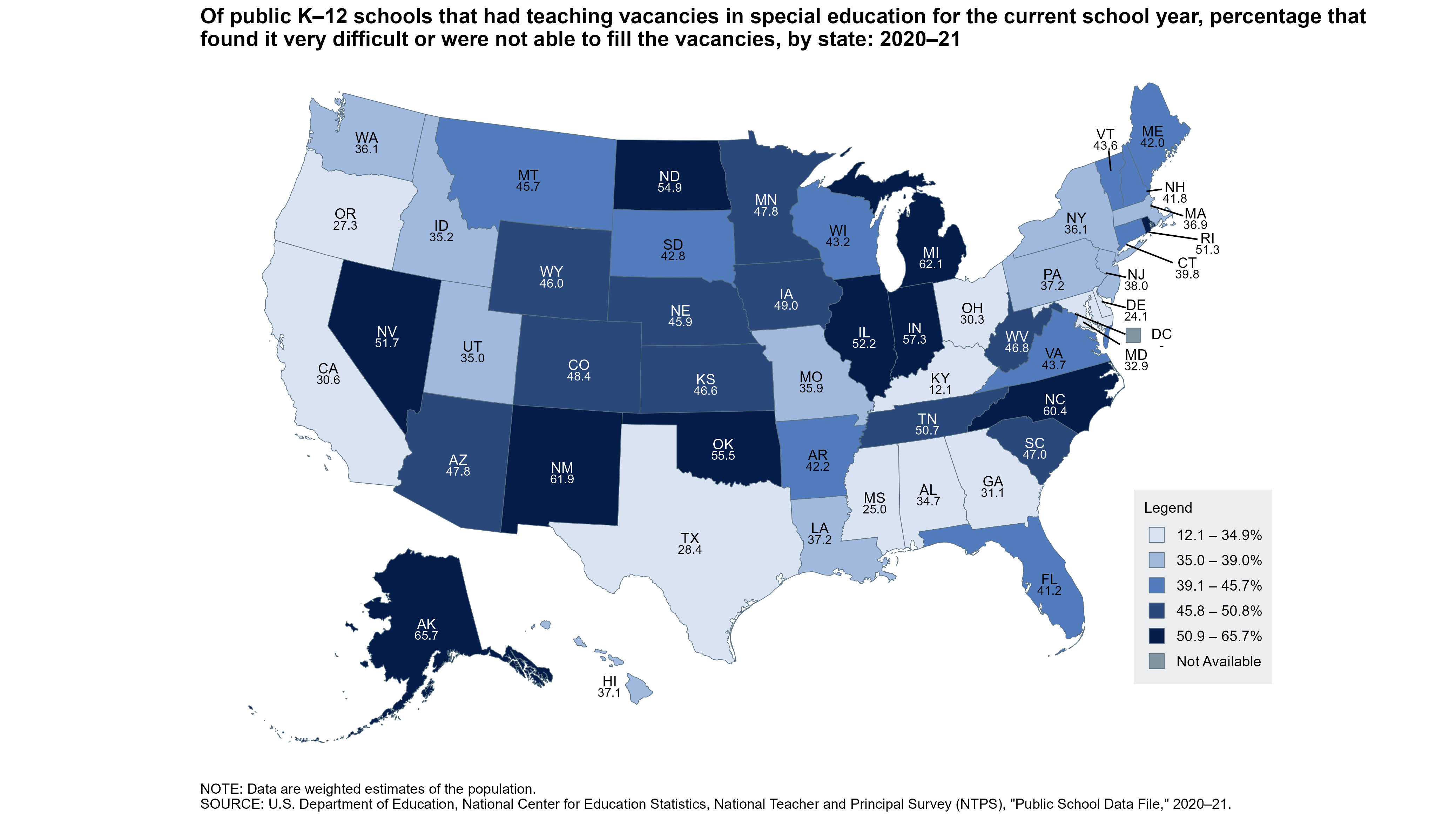 Of public K–12 schools that had teaching vacancies in special education for the current school year, percentage that found it very difficult or were not able to fill the vacancies, by state: 2020–21