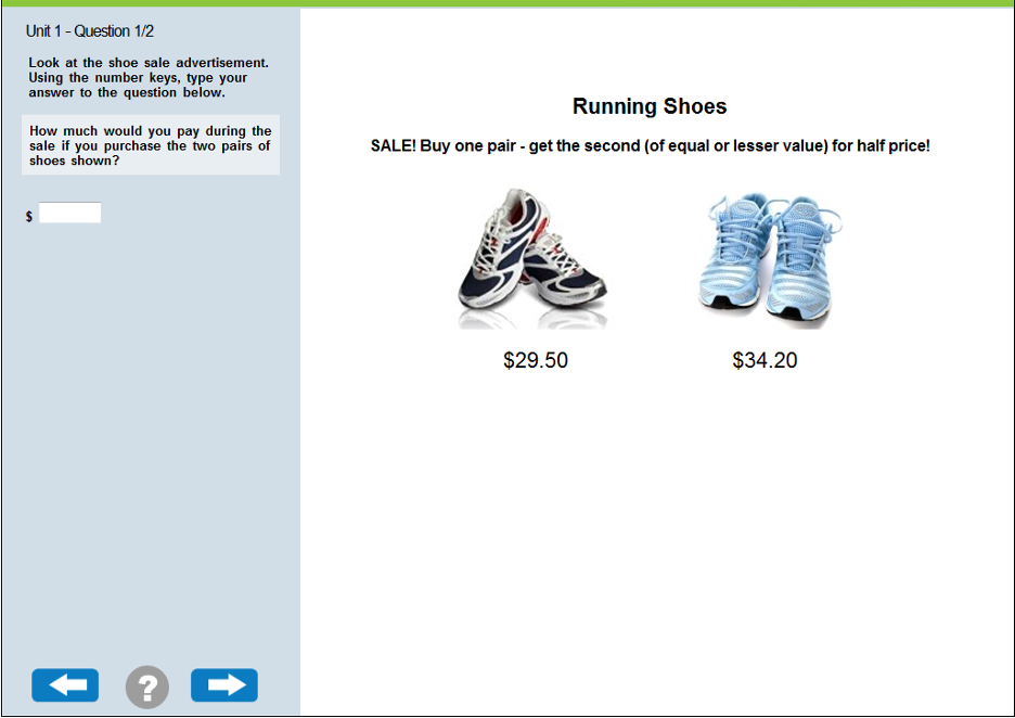 The image displays two pairs of running shoes. The pair on the left are navy blue, black, and red with a price of $29.50, while the pair on the right are light blue and white with a price of $34.20.