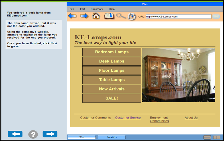 The image displays a website called KE-Lamps.com. There are six vertically positioned buttons on the left of an image of a well-lit room, with a table and chairs in the foreground, and a hutch and chandelier in the background. The six buttons have the following labels, “bedroom lamps,” “desk lamps,” “floor lamps,” “table lamps,” “new arrivals,” and “SALE!” Below this section, there are four links, “customer comments,” “customer service,” “employment opportunities,” “about us.”