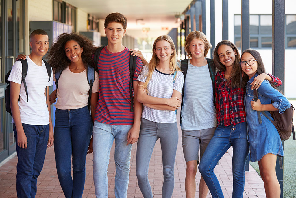 A diversified group of high school students standing in a school setting