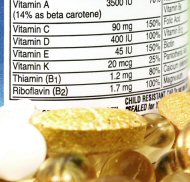 A photo of a label on a dietary supplement bottle along with various dietary supplement pills.