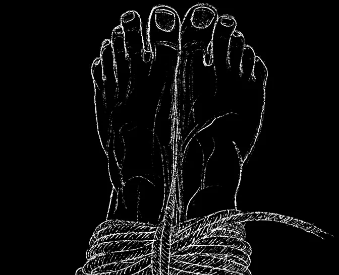 Illustration of rope tied feet.