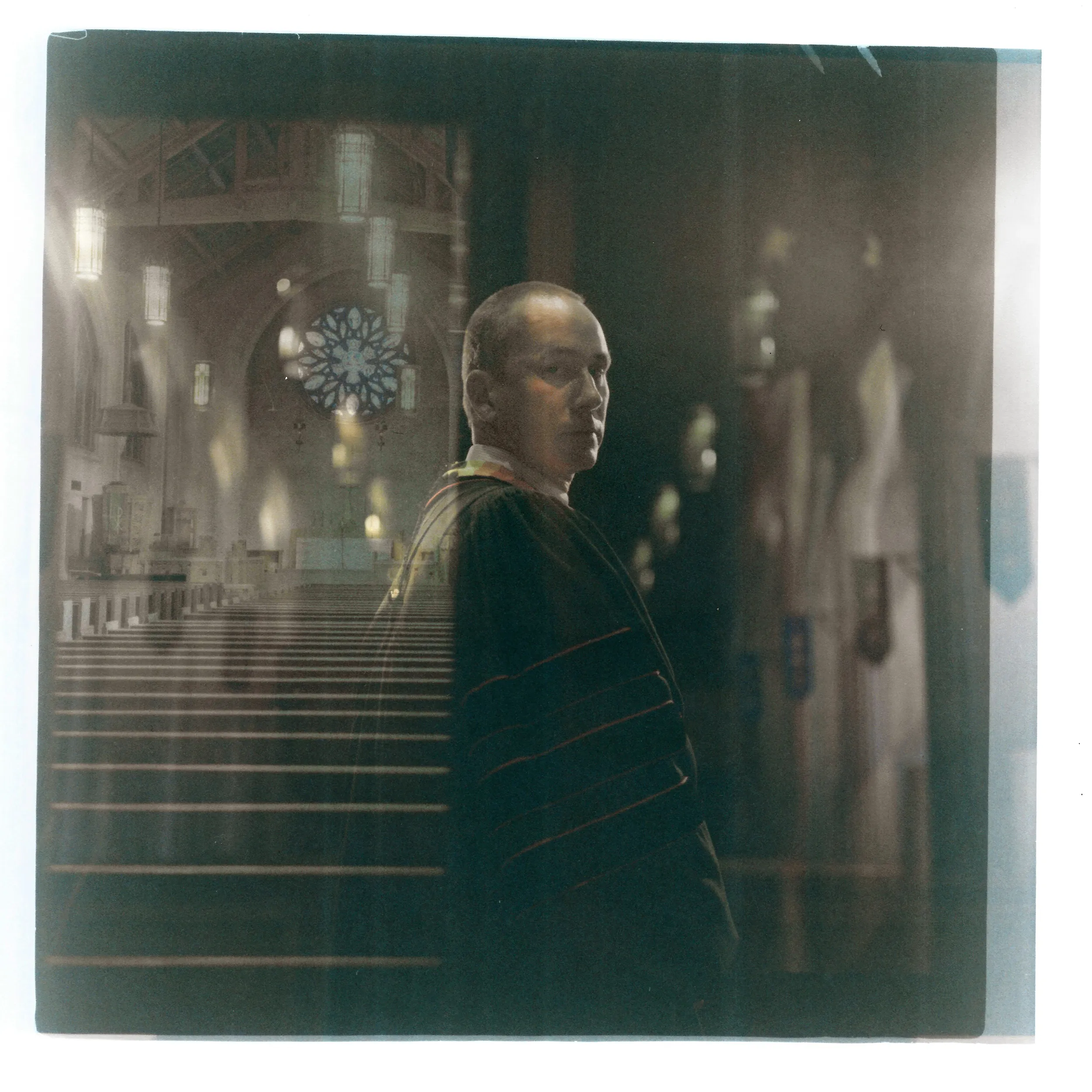 A double exposure made from a headshot of Rev. Stephen Cady layered with a photo of the sanctuary of Asbury First United Methodist Church.