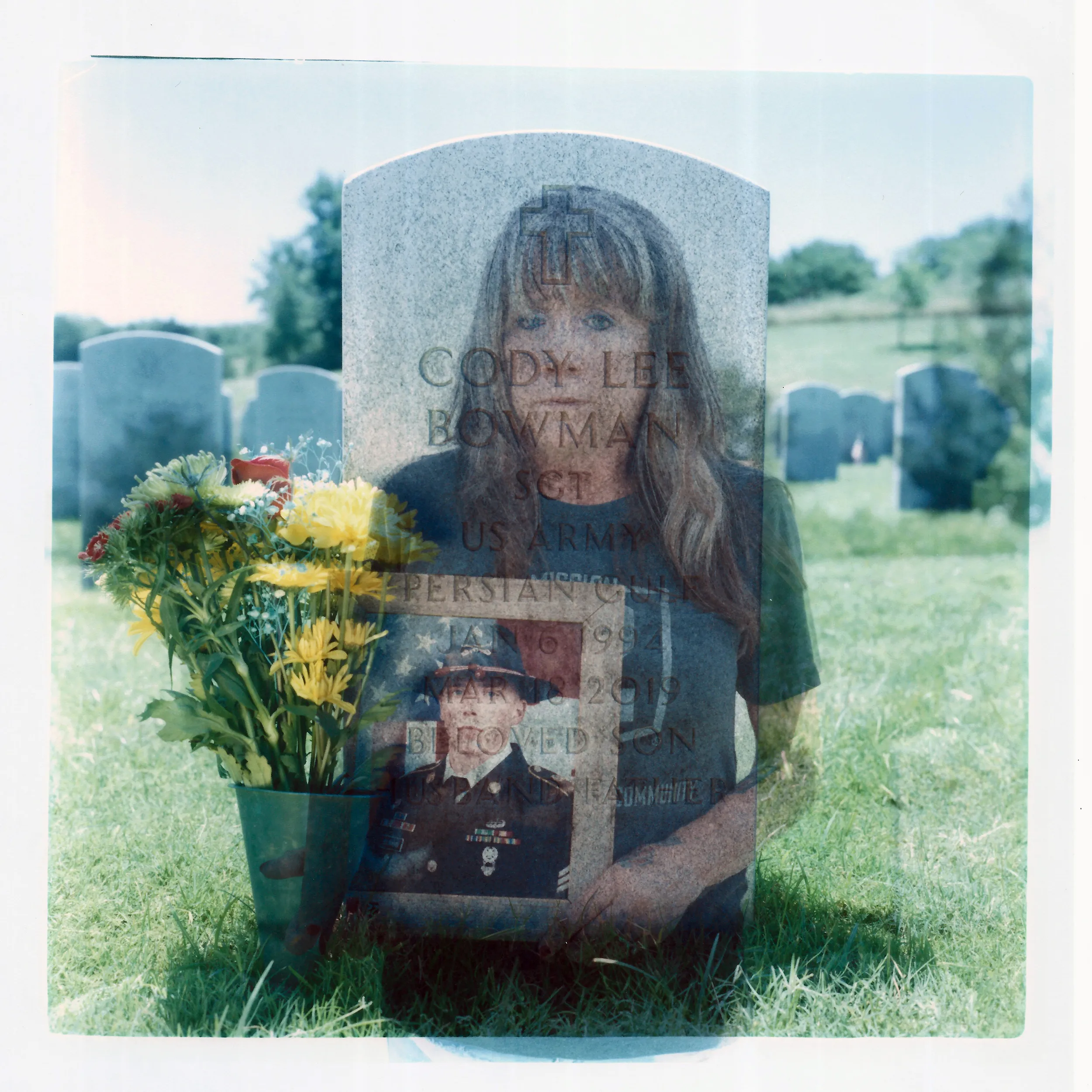 A double exposure made from a headshot of Barbie Rohde layered with a photo of Cody Lee Bowman's tombstone.