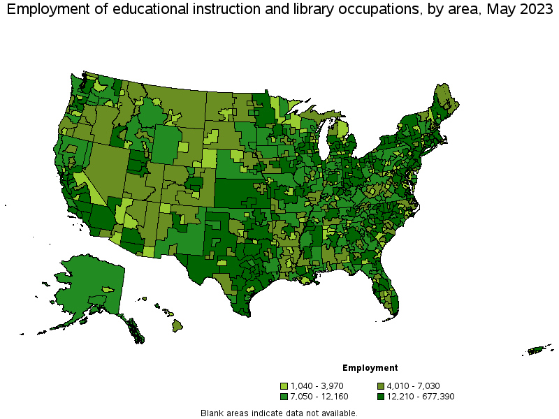 Map of employment of educational instruction and library occupations by area, May 2023