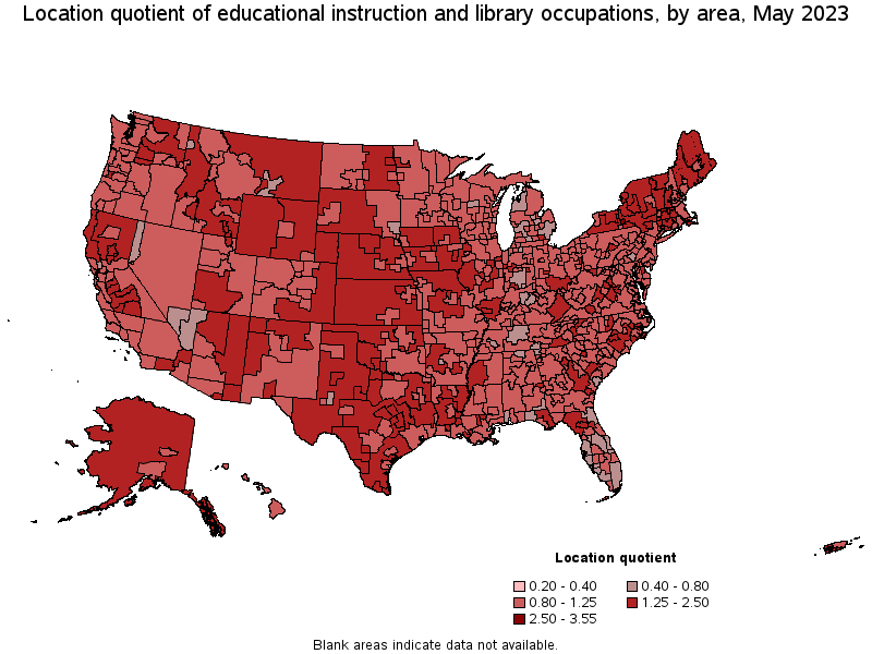 Map of location quotient of educational instruction and library occupations by area, May 2023