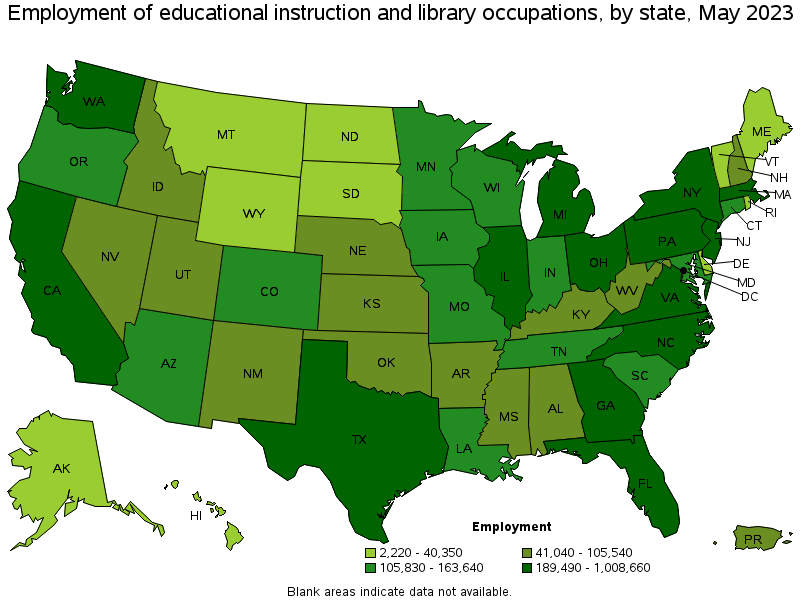 Map of employment of educational instruction and library occupations by state, May 2023