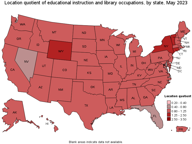 Map of location quotient of educational instruction and library occupations by state, May 2023