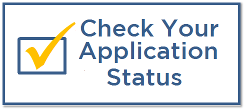 Blue box with a yellow check. Text says, "Check your application status."