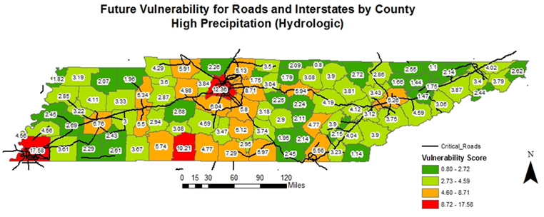 Map of Tennessee showing counties colored from dark green (low vulnerability score) to red (high vulnerability score). The majority of counties are colored dark or light green, with only three counties colored red.