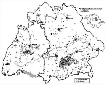 Karte von Süddeutschland: Verbreitung der Lyme Borreliose