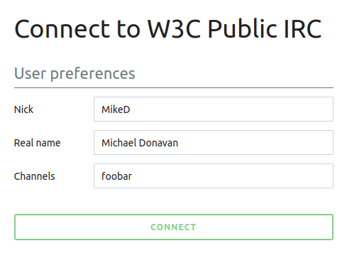 Screenshot of the Web IRC client connect form with the Nick, Real name and Channels fields