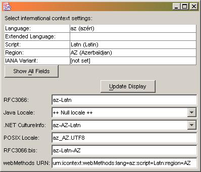 International context dialog setting Azerbaijani (az) in Latin (Latn), producing various fallback locales for different systems